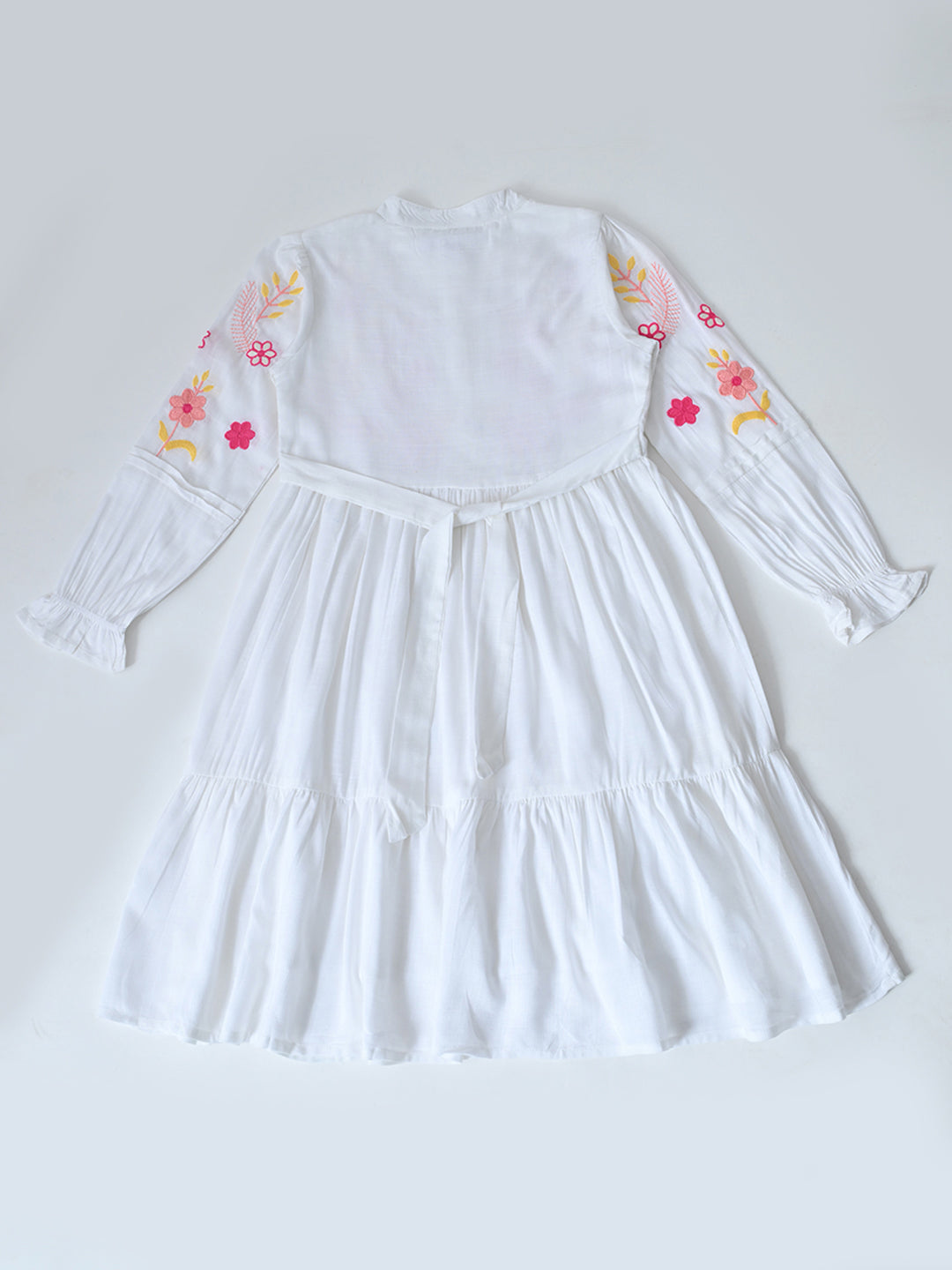 Bella Moda Cotton Woven Full Sleeve Floral Embroidered Fit and Flare Dress-White- APDR542TT