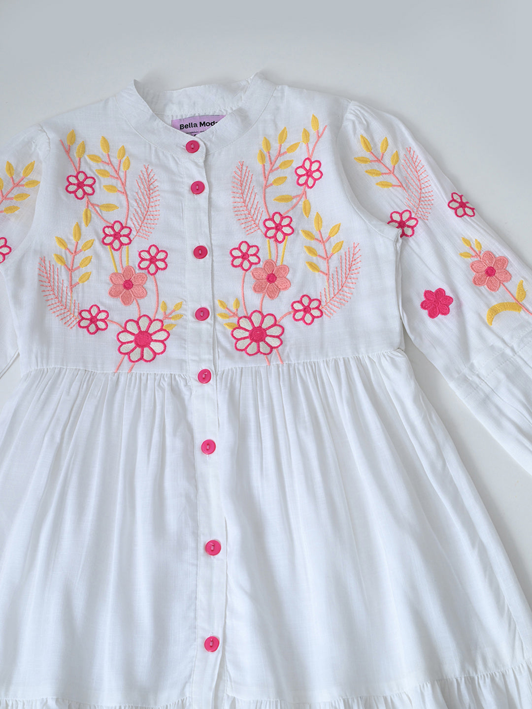 Bella Moda Cotton Woven Full Sleeve Floral Embroidered Fit and Flare Dress-White- APDR542TT