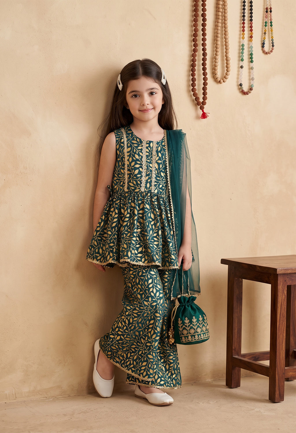 Bella Moda Girls Gold Printed Ethnic Peplum Top with Sharara Pants & Dupatta AUETH803AA