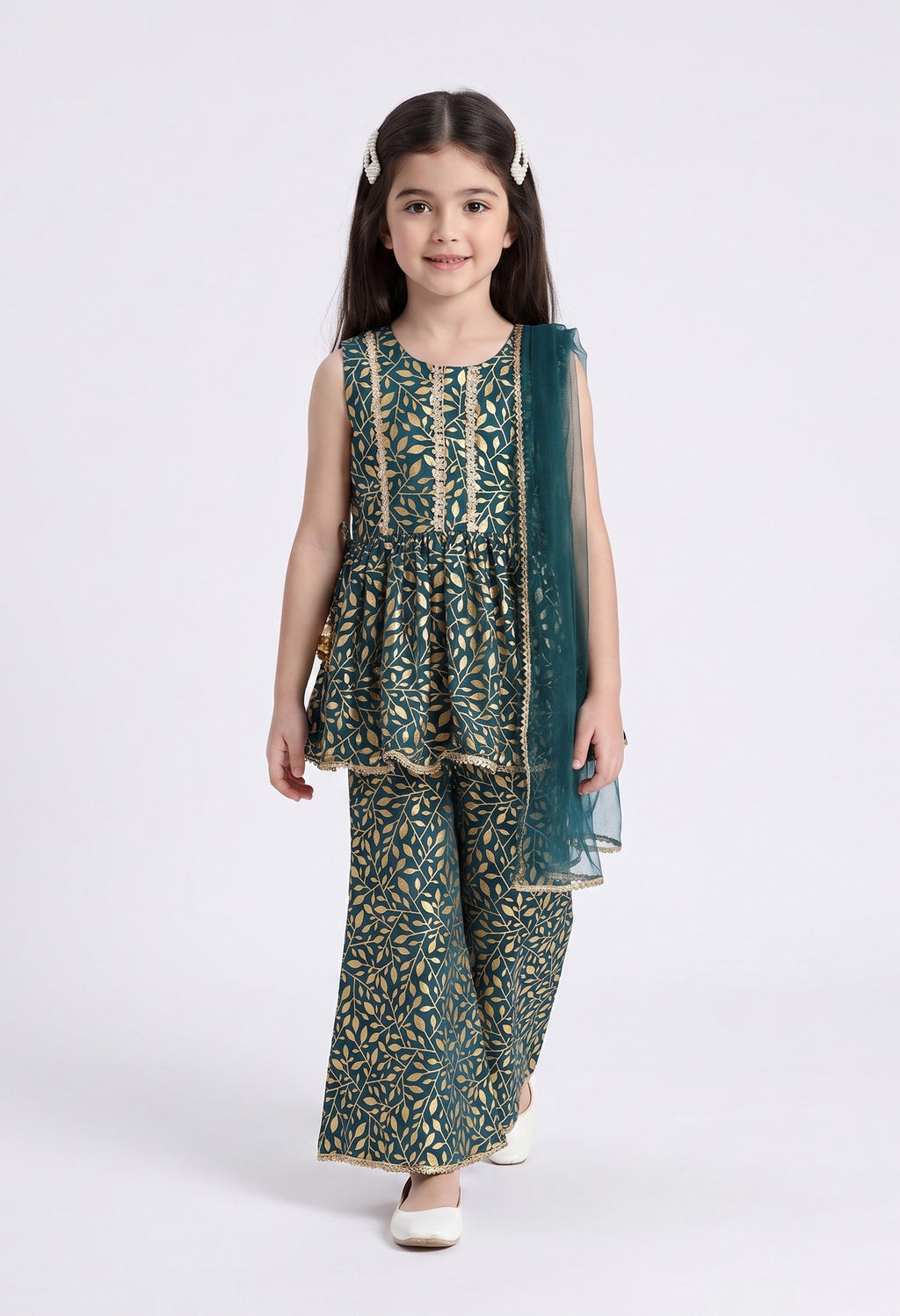 Bella Moda Girls Gold Printed Ethnic Peplum Top with Sharara Pants & Dupatta AUETH803AA