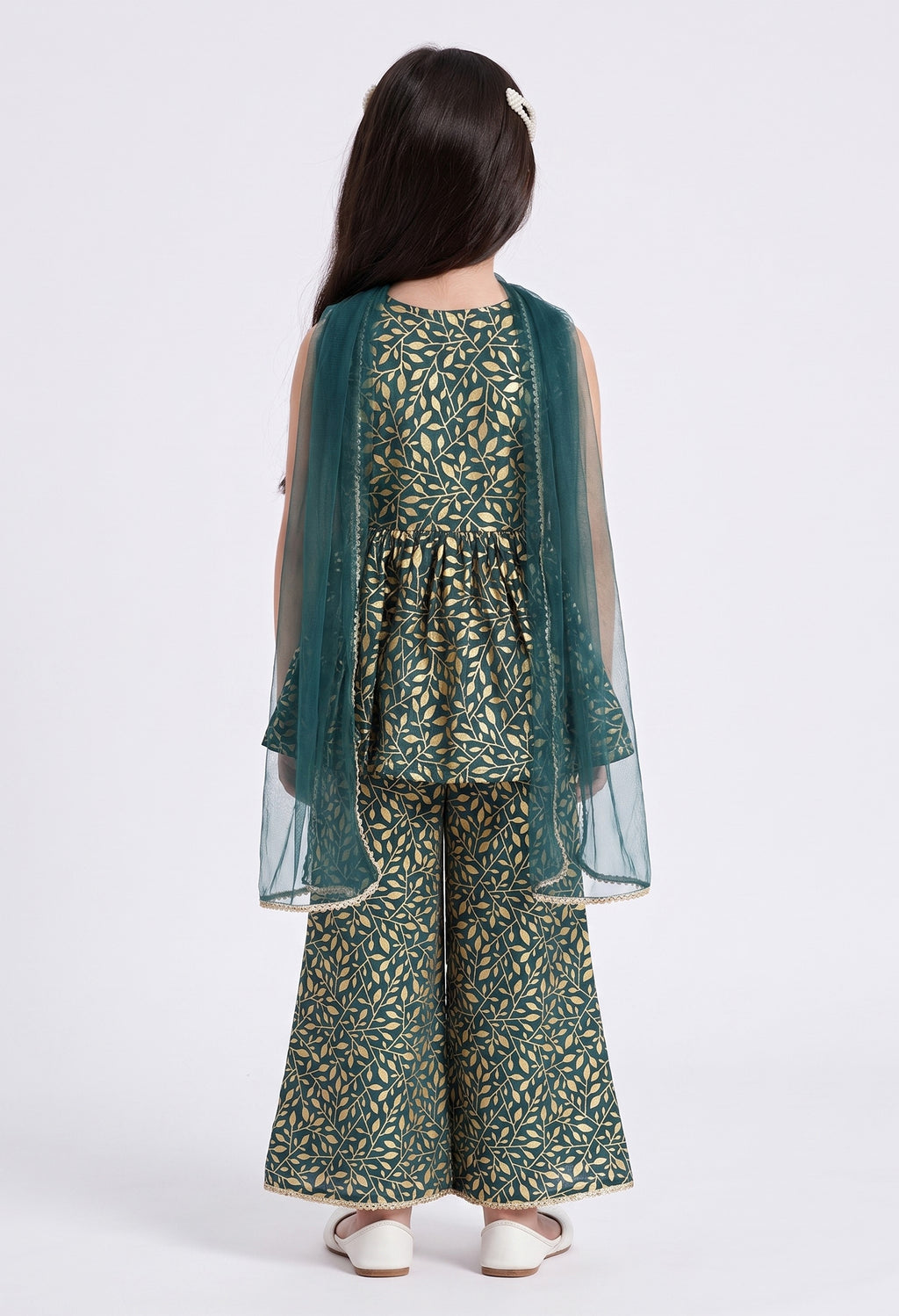 Bella Moda Girls Gold Printed Ethnic Peplum Top with Sharara Pants & Dupatta AUETH803AA