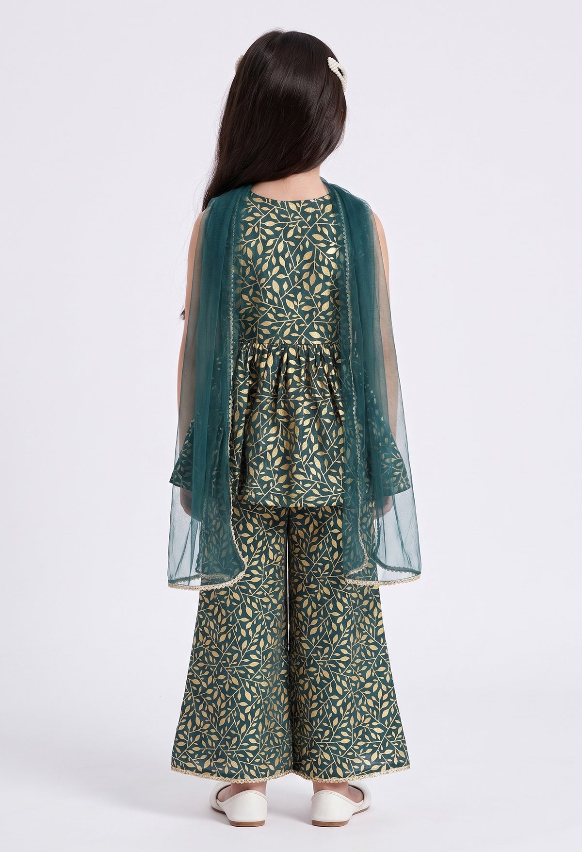 Bella Moda Girls Gold Printed Ethnic Peplum Top with Sharara Pants & Dupatta AUETH803AA