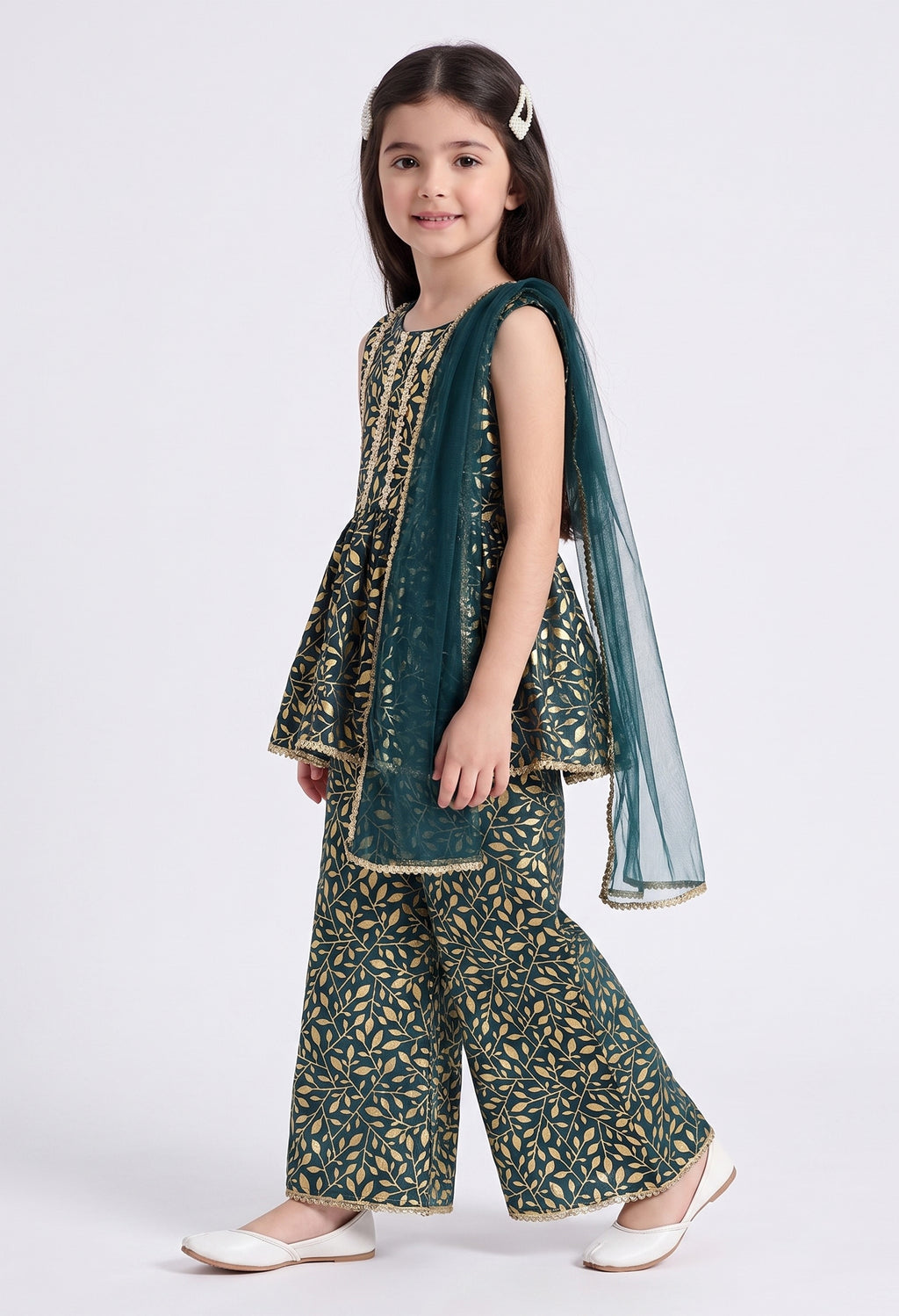 Bella Moda Girls Gold Printed Ethnic Peplum Top with Sharara Pants & Dupatta AUETH803AA