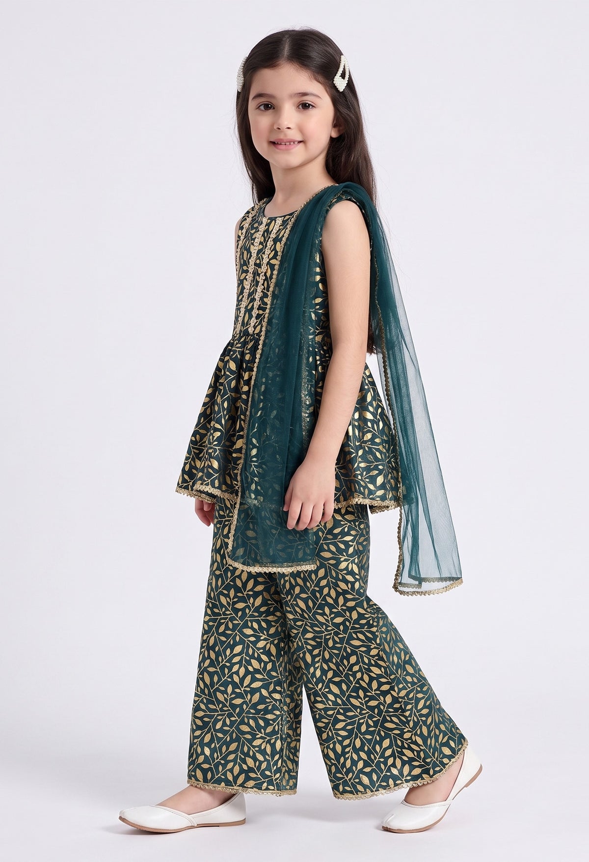 Bella Moda Girls Gold Printed Ethnic Peplum Top with Sharara Pants & Dupatta AUETH803AA