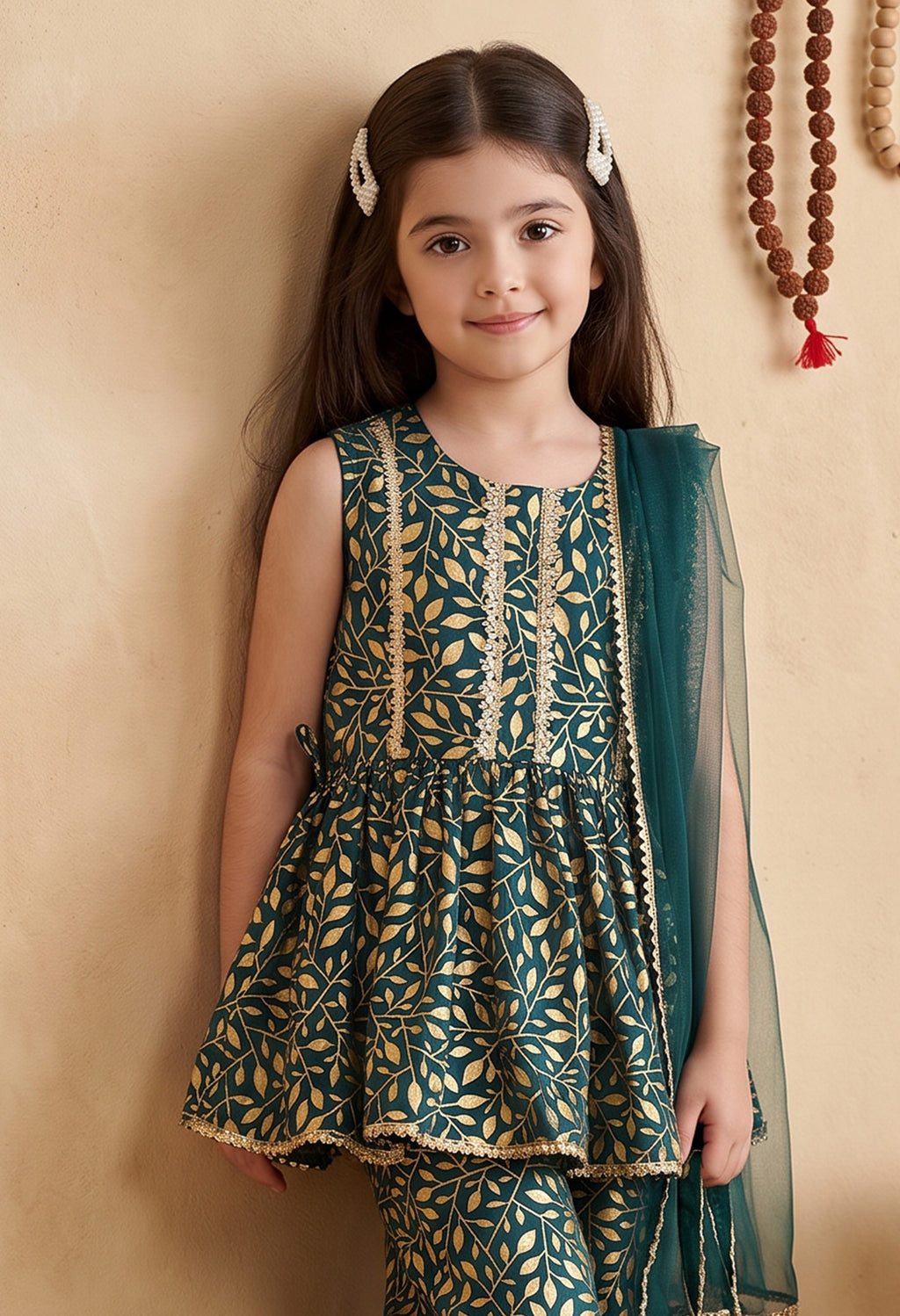 Bella Moda Girls Gold Printed Ethnic Peplum Top with Sharara Pants & Dupatta AUETH803AA