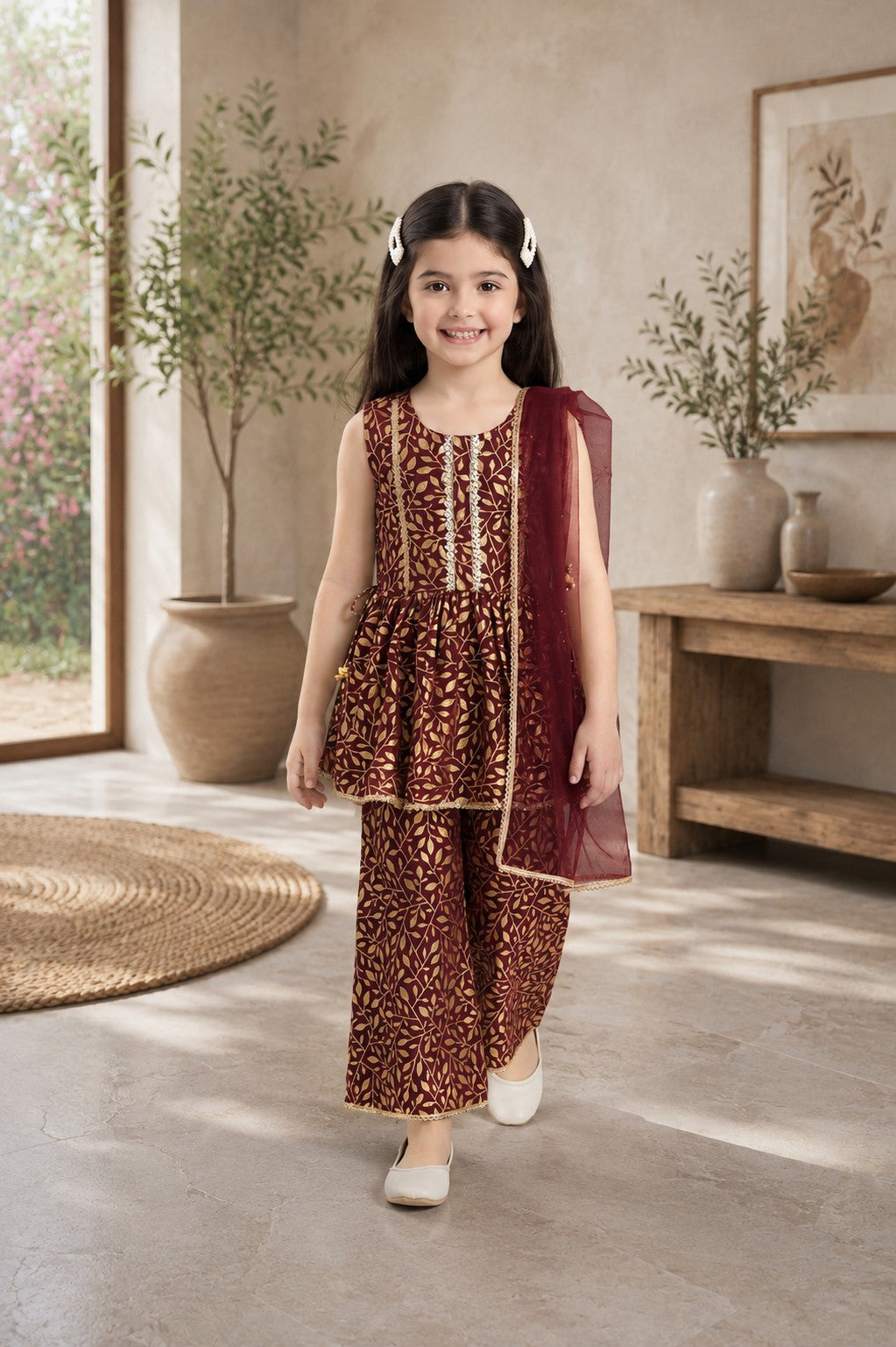 Bella Moda Girls Gold Printed Ethnic Peplum Top with Sharara Pants & Dupatta AUETH804AA