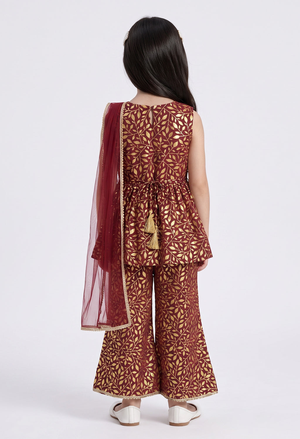 Bella Moda Girls Gold Printed Ethnic Peplum Top with Sharara Pants & Dupatta AUETH804AA