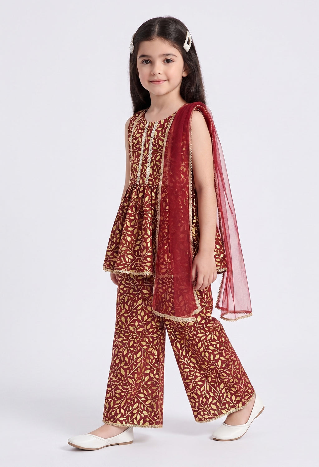 Bella Moda Girls Gold Printed Ethnic Peplum Top with Sharara Pants & Dupatta AUETH804AA