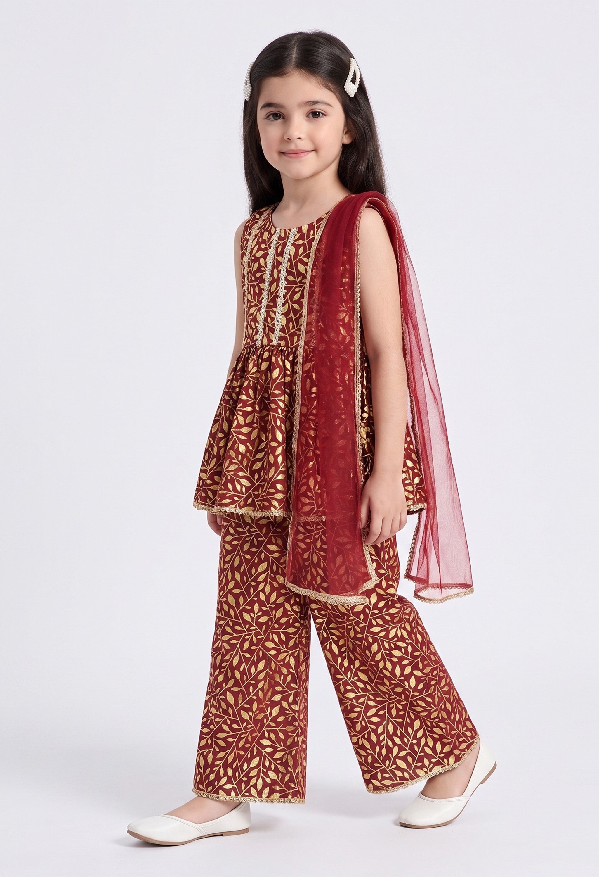 Bella Moda Girls Gold Printed Ethnic Peplum Top with Sharara Pants & Dupatta AUETH804AA