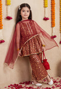 Bella Moda Girls Gold Printed Ethnic Peplum Top with Sharara Pants & Dupatta AUETH804AA