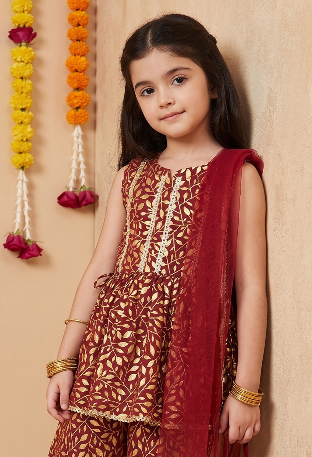 Bella Moda Girls Gold Printed Ethnic Peplum Top with Sharara Pants & Dupatta AUETH804AA