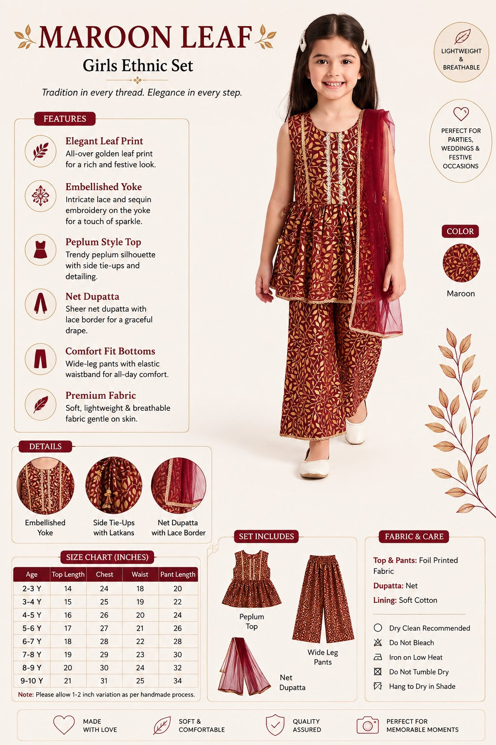 Bella Moda Girls Gold Printed Ethnic Peplum Top with Sharara Pants & Dupatta AUETH804AA