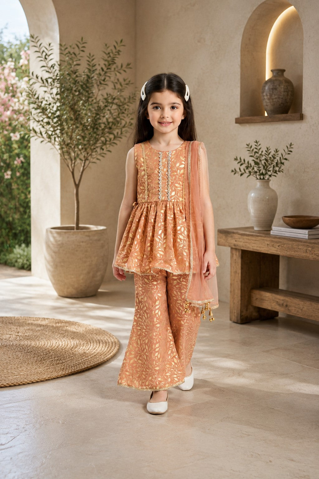 Bella Moda Girls Gold Printed Ethnic Peplum Top with Sharara Pants & Dupatta AUETH805AA