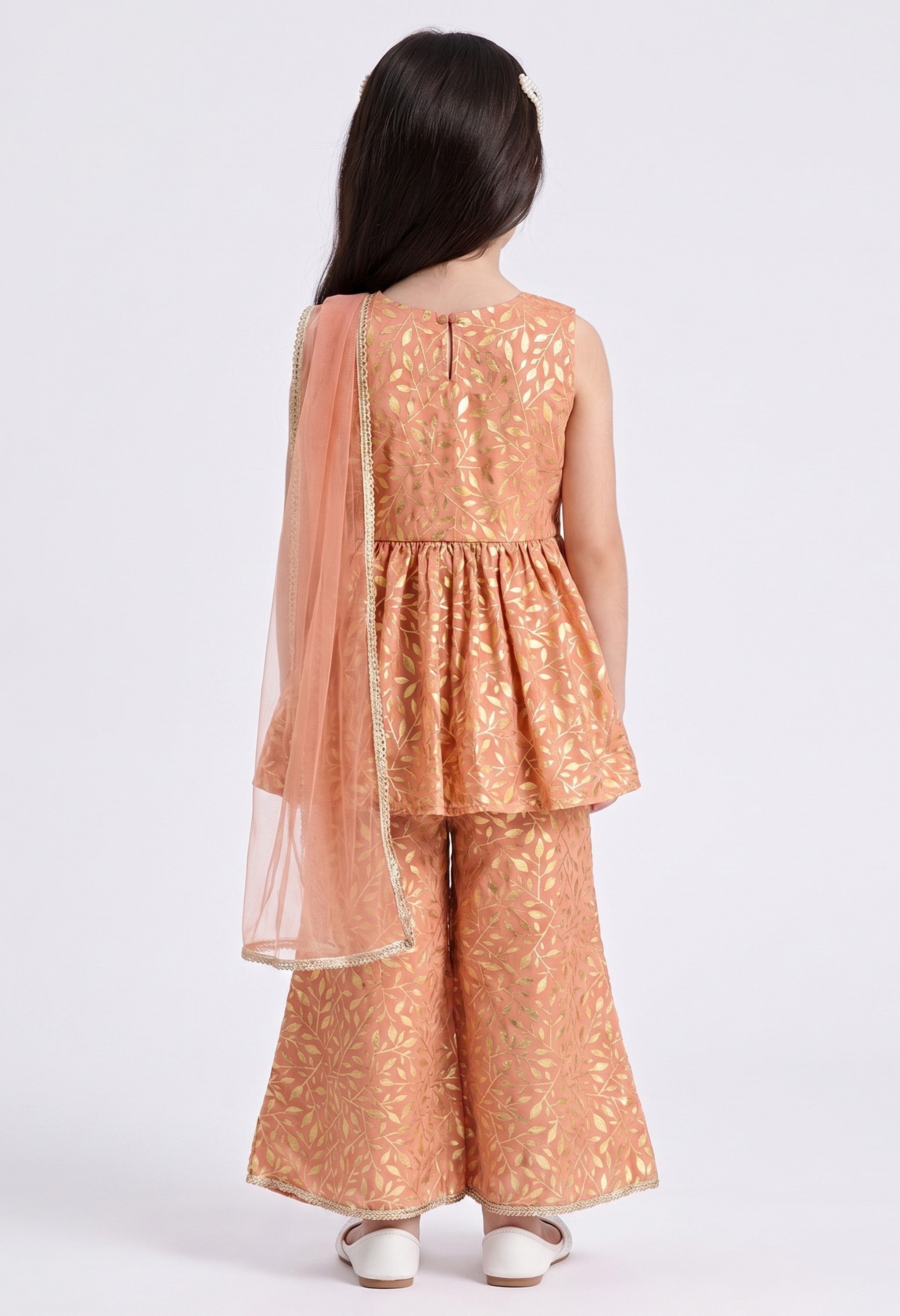 Bella Moda Girls Gold Printed Ethnic Peplum Top with Sharara Pants & Dupatta AUETH805AA
