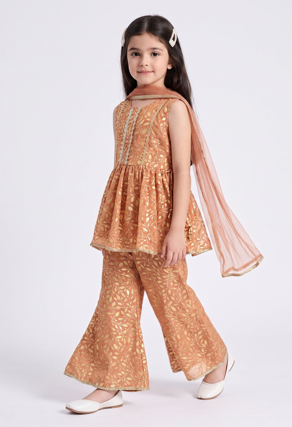 Bella Moda Girls Gold Printed Ethnic Peplum Top with Sharara Pants & Dupatta AUETH805AA