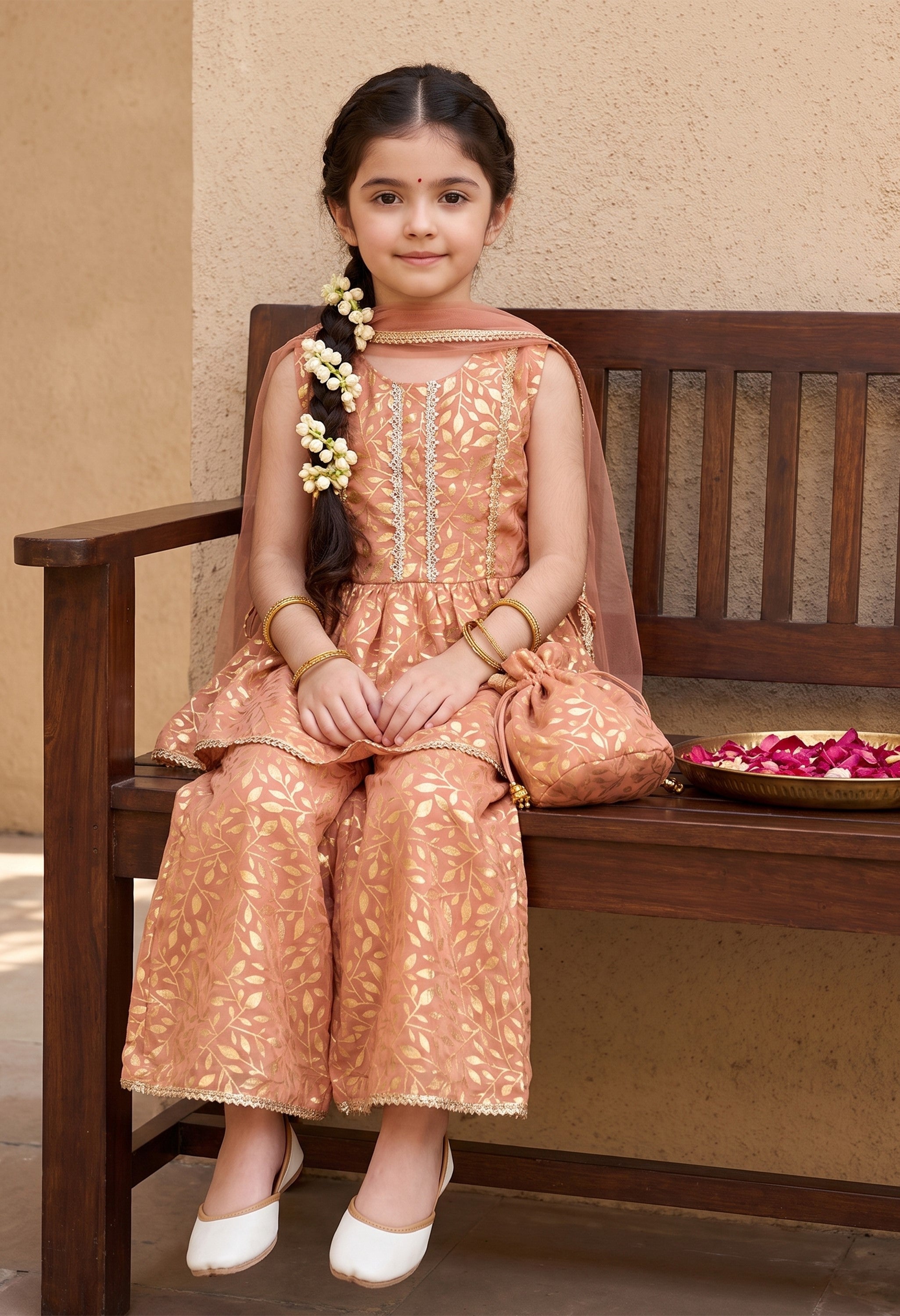 Bella Moda Girls Gold Printed Ethnic Peplum Top with Sharara Pants & Dupatta AUETH805AA