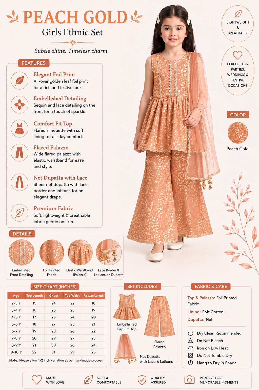 Bella Moda Girls Gold Printed Ethnic Peplum Top with Sharara Pants & Dupatta AUETH805AA