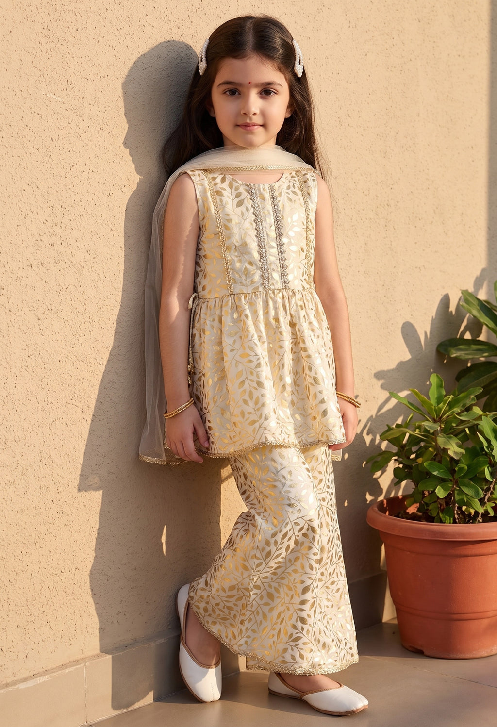 Bella Moda Girls Gold Printed Ethnic Peplum Top with Sharara Pants & Dupatta AUETH806AA