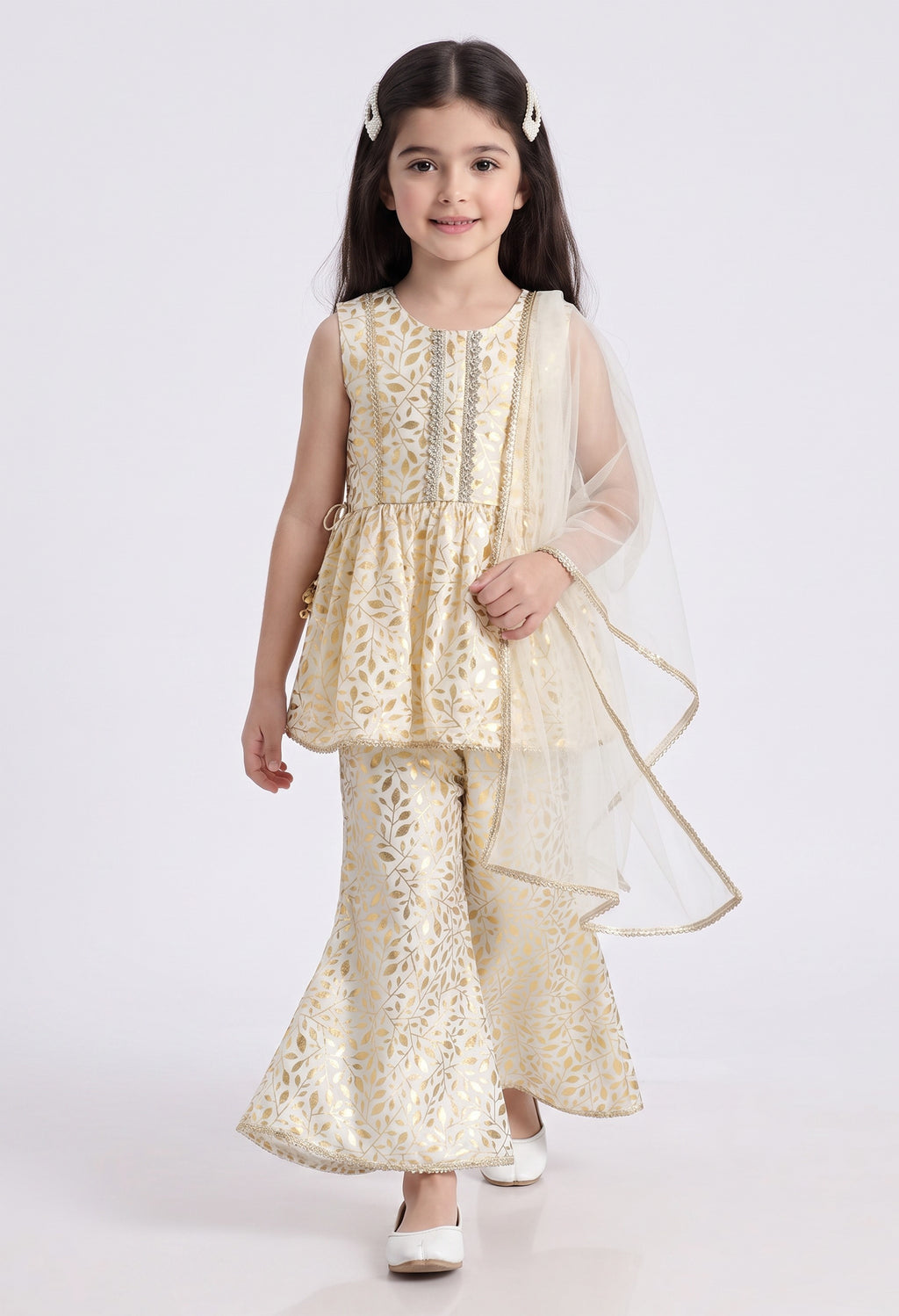 Bella Moda Girls Gold Printed Ethnic Peplum Top with Sharara Pants & Dupatta AUETH806AA