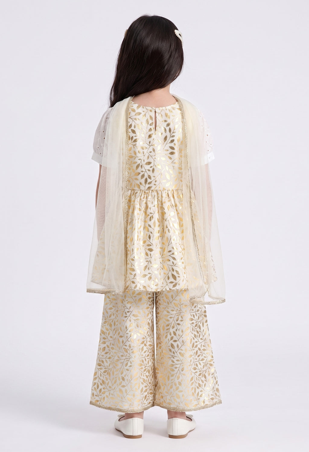 Bella Moda Girls Gold Printed Ethnic Peplum Top with Sharara Pants & Dupatta AUETH806AA