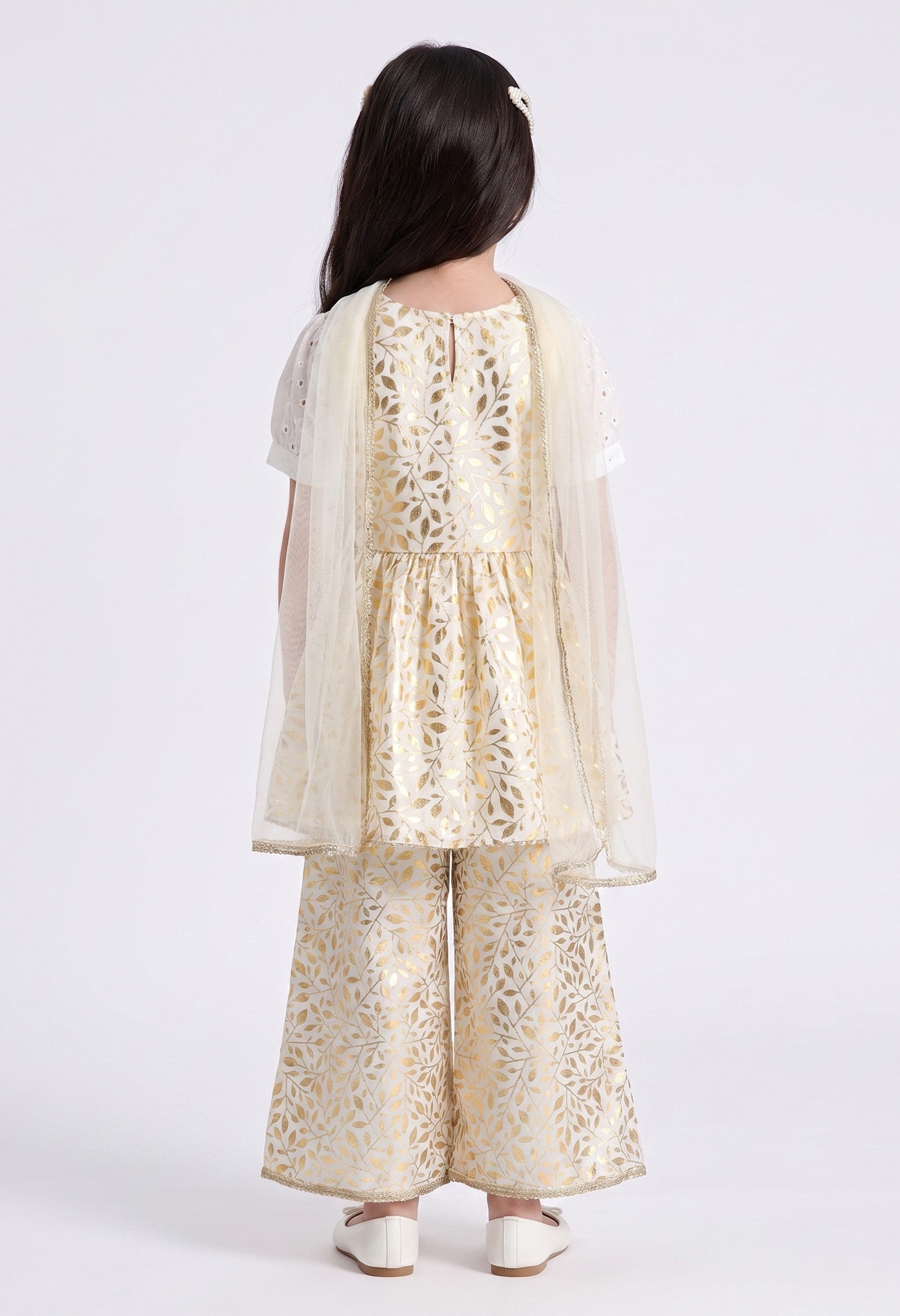 Bella Moda Girls Gold Printed Ethnic Peplum Top with Sharara Pants & Dupatta AUETH806AA