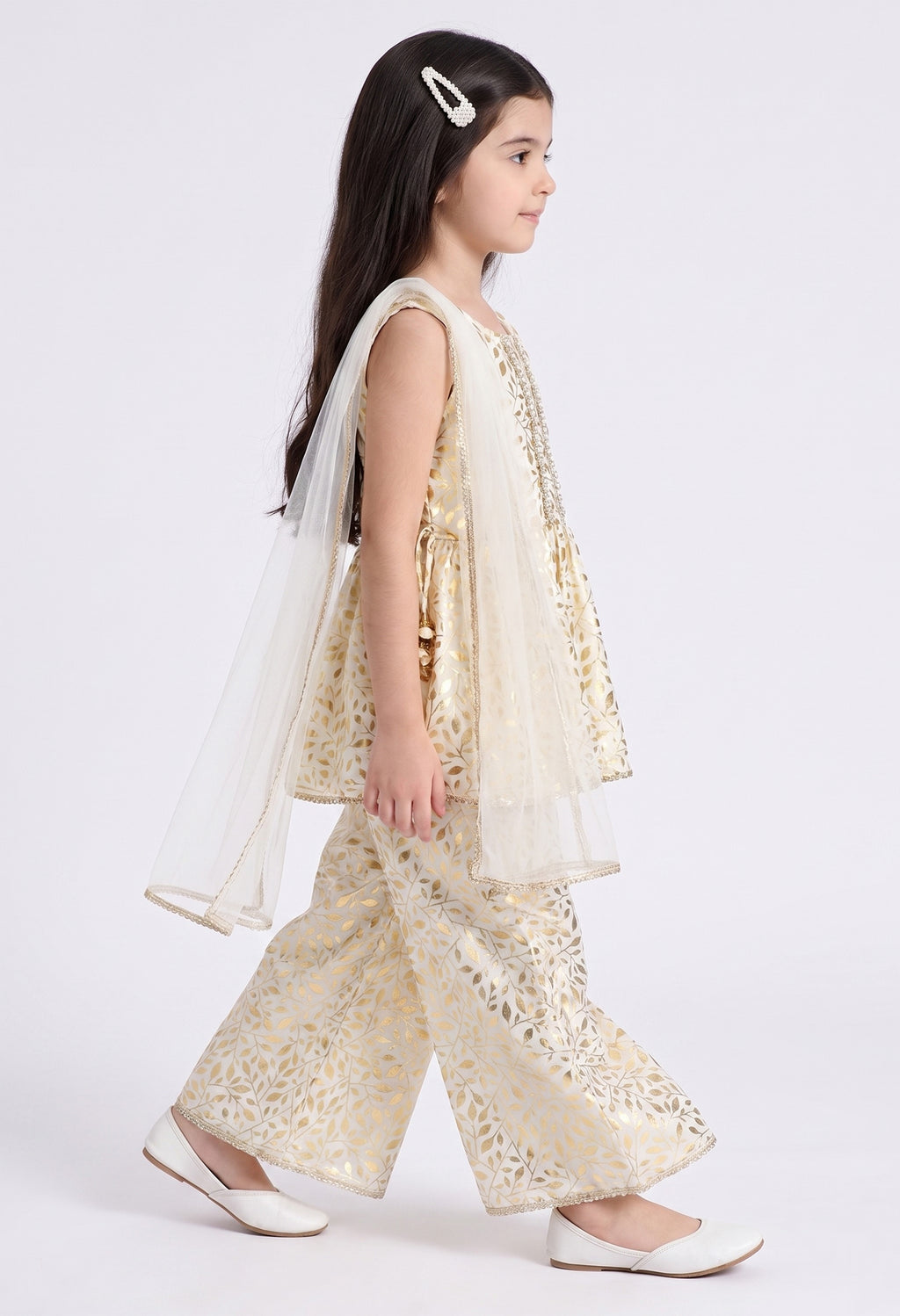 Bella Moda Girls Gold Printed Ethnic Peplum Top with Sharara Pants & Dupatta AUETH806AA