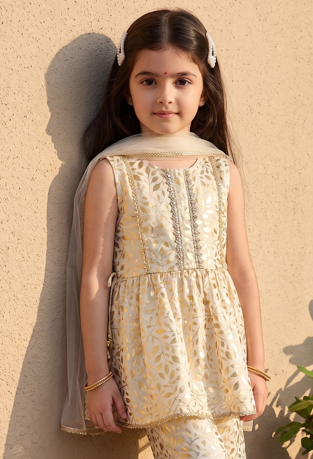 Bella Moda Girls Gold Printed Ethnic Peplum Top with Sharara Pants & Dupatta AUETH806AA