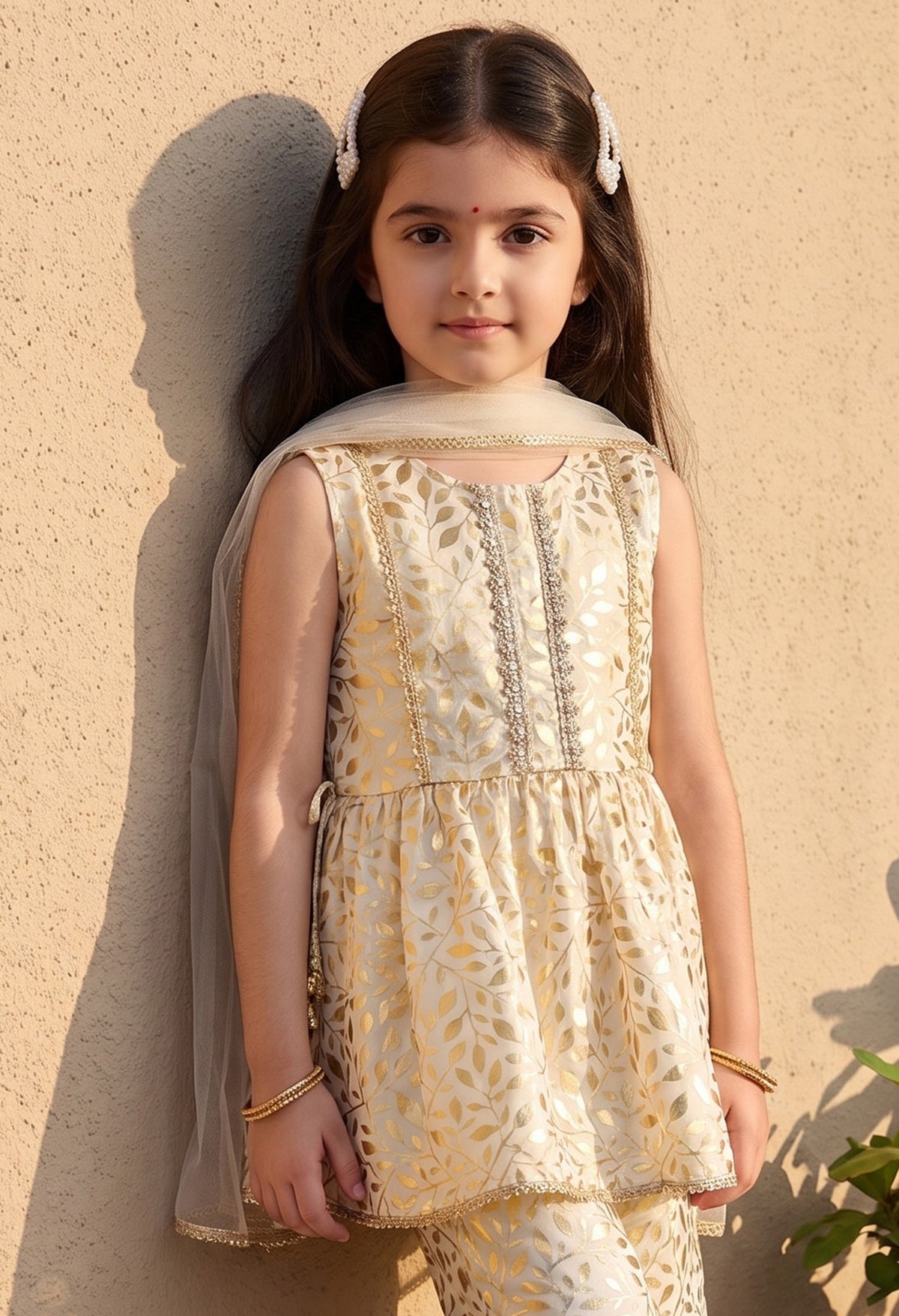 Bella Moda Girls Gold Printed Ethnic Peplum Top with Sharara Pants & Dupatta AUETH806AA