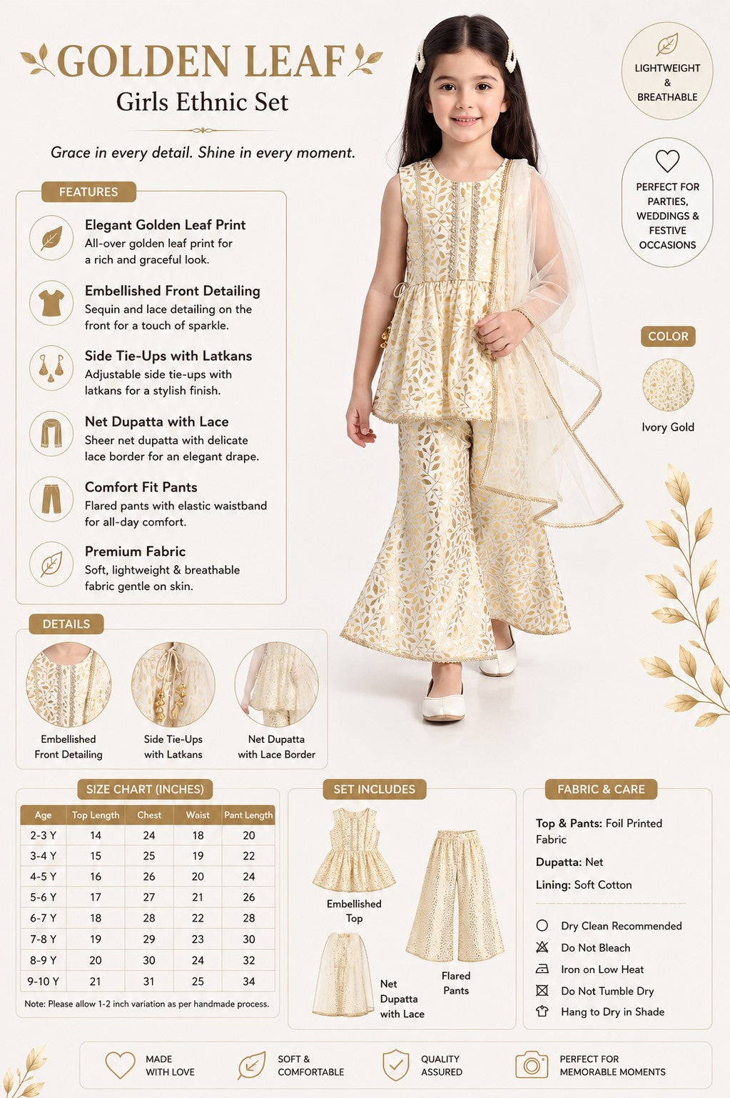 Bella Moda Girls Gold Printed Ethnic Peplum Top with Sharara Pants & Dupatta AUETH806AA