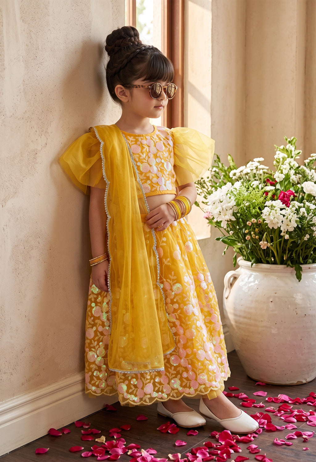 Bella Moda Girls Yellow Floral Embroidered Lehenga Choli Set with Dupatta AUETH807AH