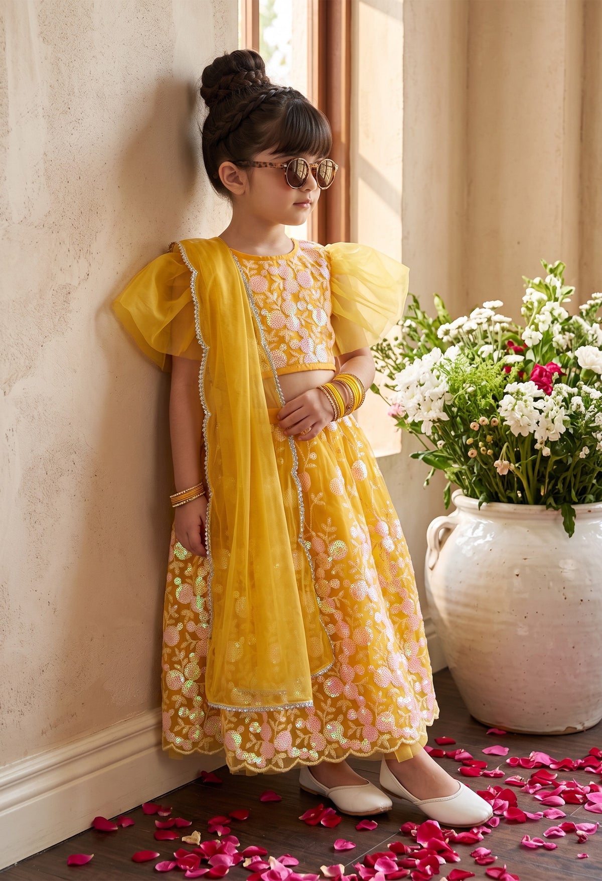 Bella Moda Girls Yellow Floral Embroidered Lehenga Choli Set with Dupatta AUETH807AH