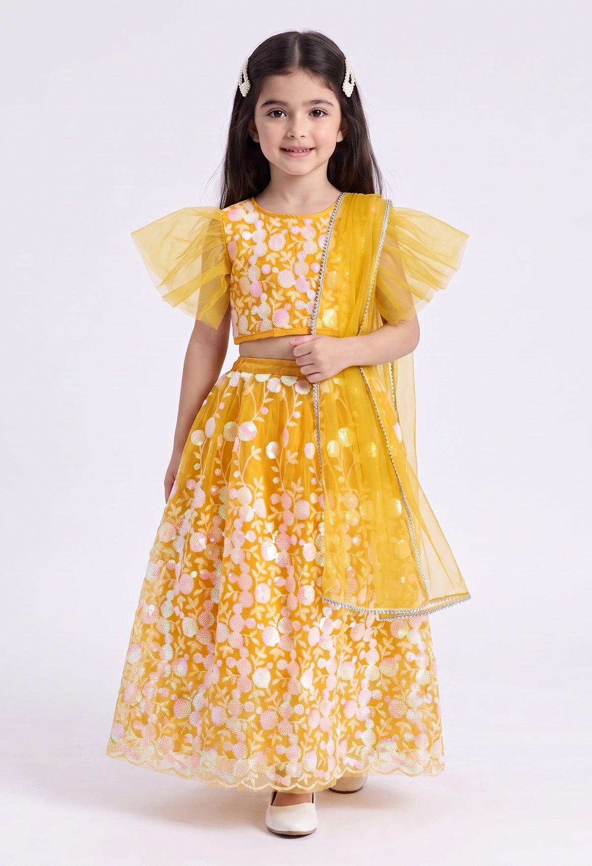 Bella Moda Girls Yellow Floral Embroidered Lehenga Choli Set with Dupatta AUETH807AH