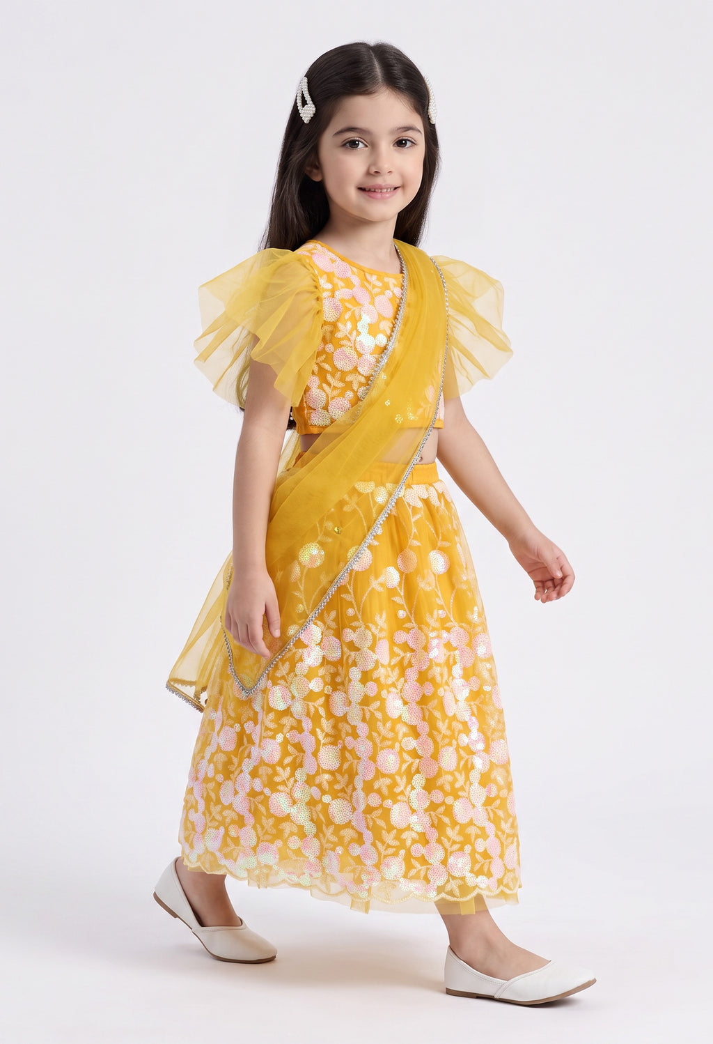 Bella Moda Girls Yellow Floral Embroidered Lehenga Choli Set with Dupatta AUETH807AH