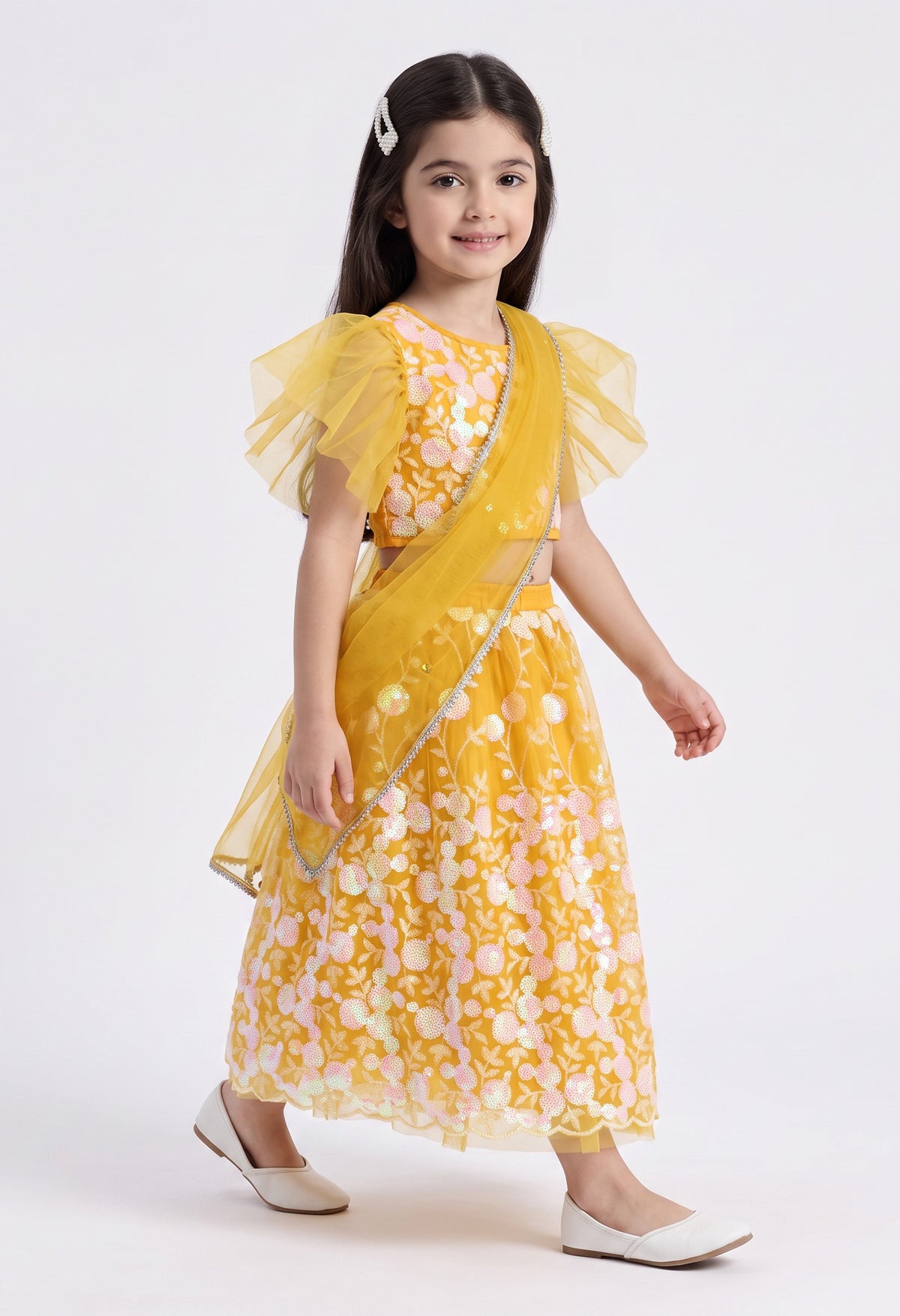 Bella Moda Girls Yellow Floral Embroidered Lehenga Choli Set with Dupatta AUETH807AH