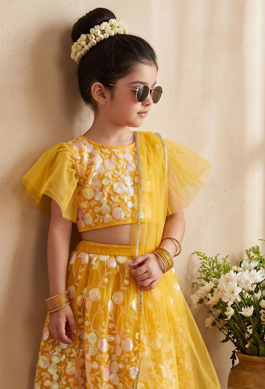 Bella Moda Girls Yellow Floral Embroidered Lehenga Choli Set with Dupatta AUETH807AH