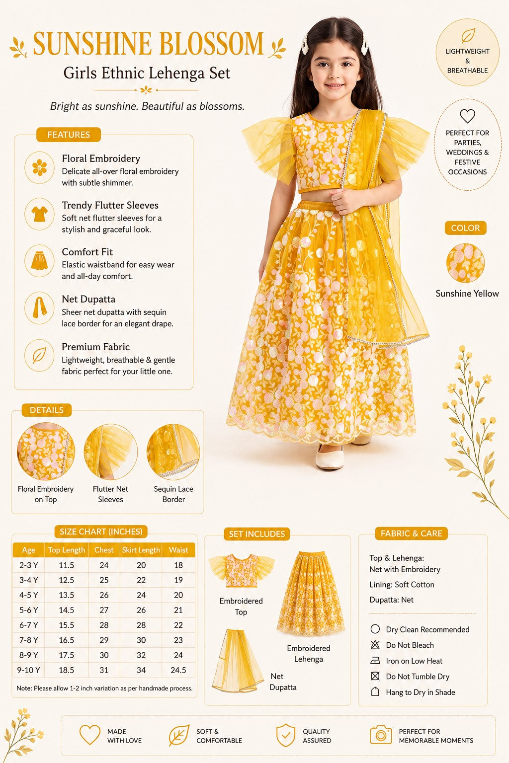 Bella Moda Girls Yellow Floral Embroidered Lehenga Choli Set with Dupatta AUETH807AH