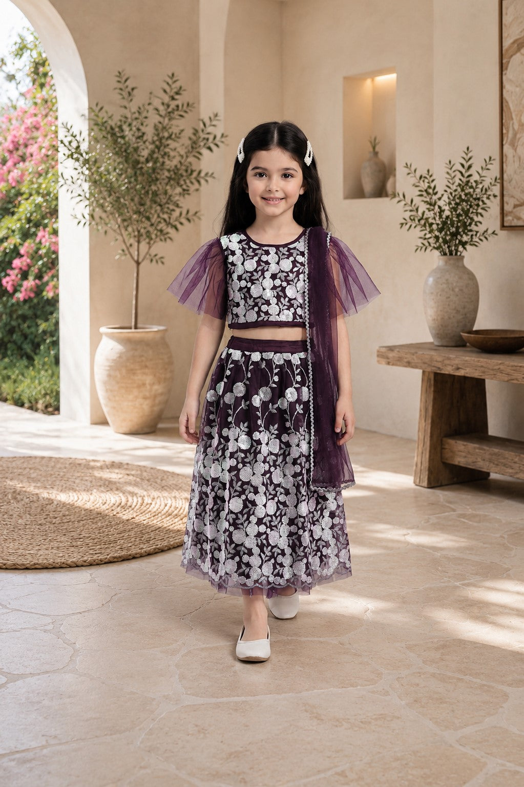 Bella Moda Girls Plum Purple Floral Embroidered Lehenga Set with Net Dupatta AUETH808AH