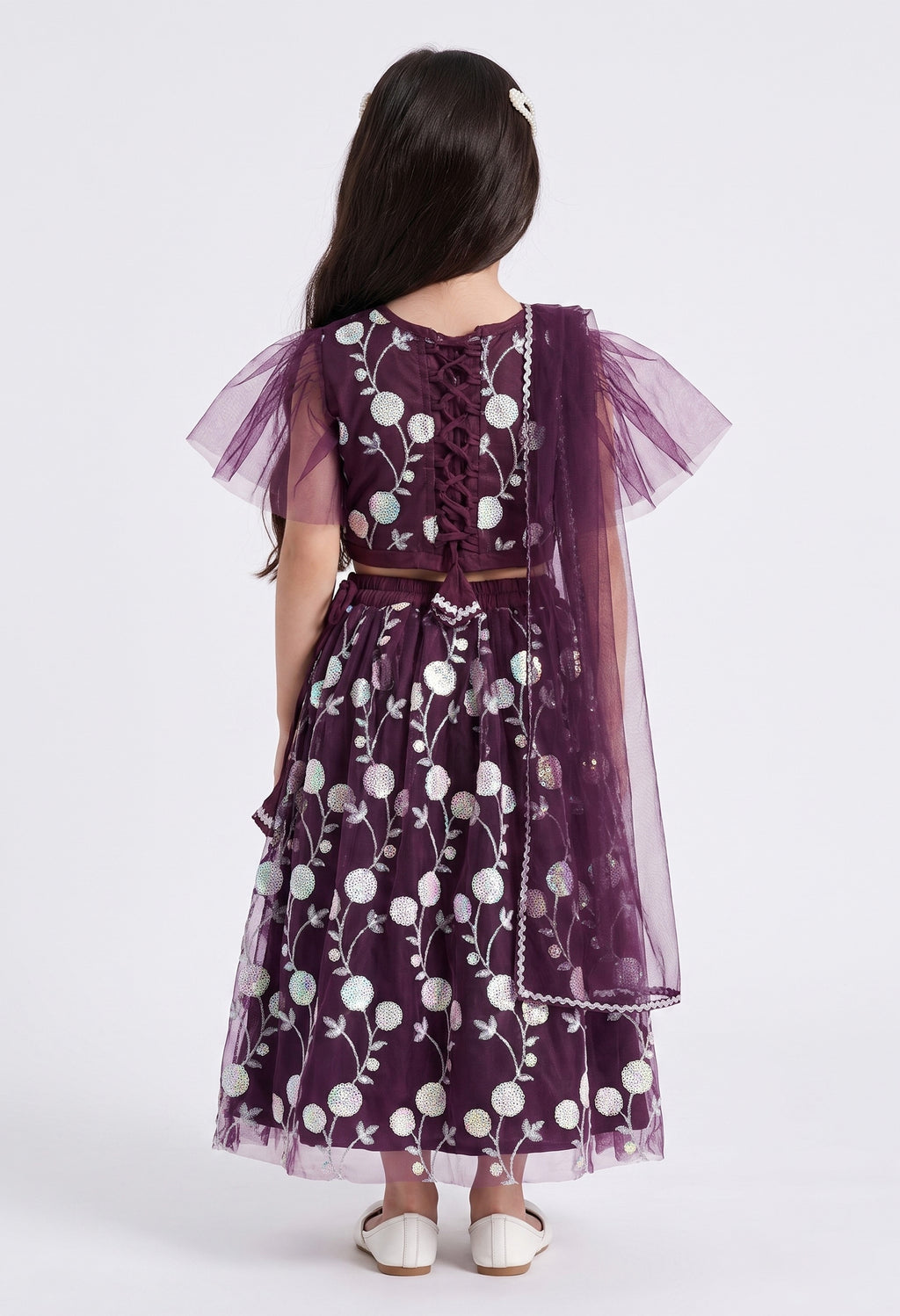 Bella Moda Girls Plum Purple Floral Embroidered Lehenga Set with Net Dupatta AUETH808AH
