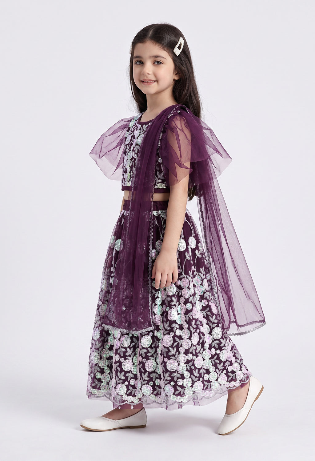 Bella Moda Girls Plum Purple Floral Embroidered Lehenga Set with Net Dupatta AUETH808AH