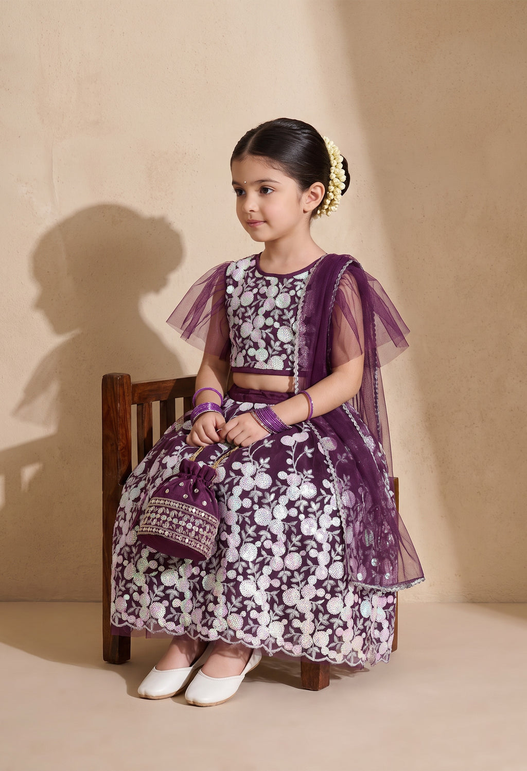 Bella Moda Girls Plum Purple Floral Embroidered Lehenga Set with Net Dupatta AUETH808AH