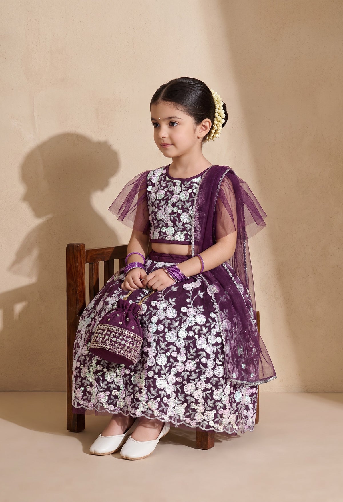 Bella Moda Girls Plum Purple Floral Embroidered Lehenga Set with Net Dupatta AUETH808AH