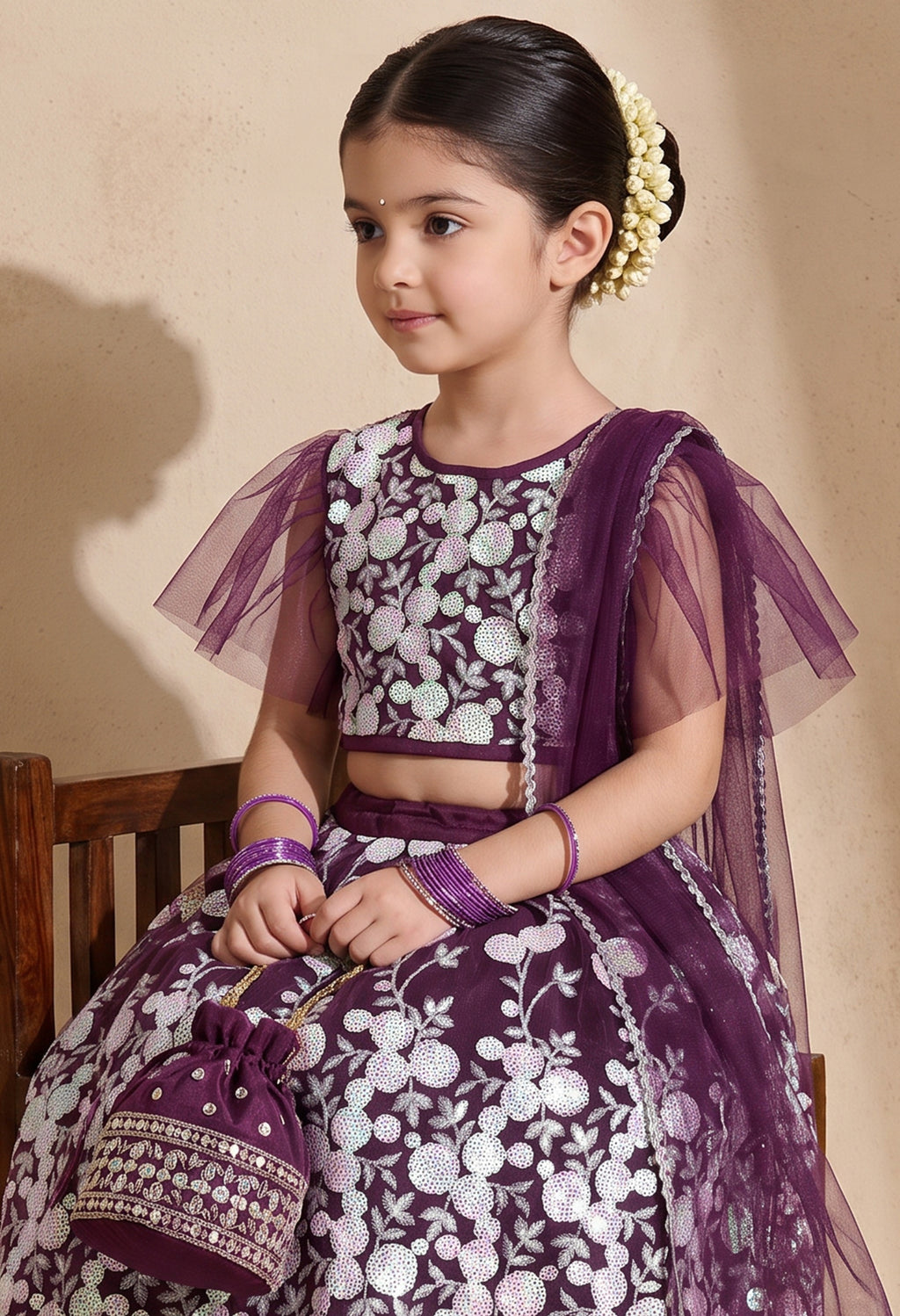 Bella Moda Girls Plum Purple Floral Embroidered Lehenga Set with Net Dupatta AUETH808AH