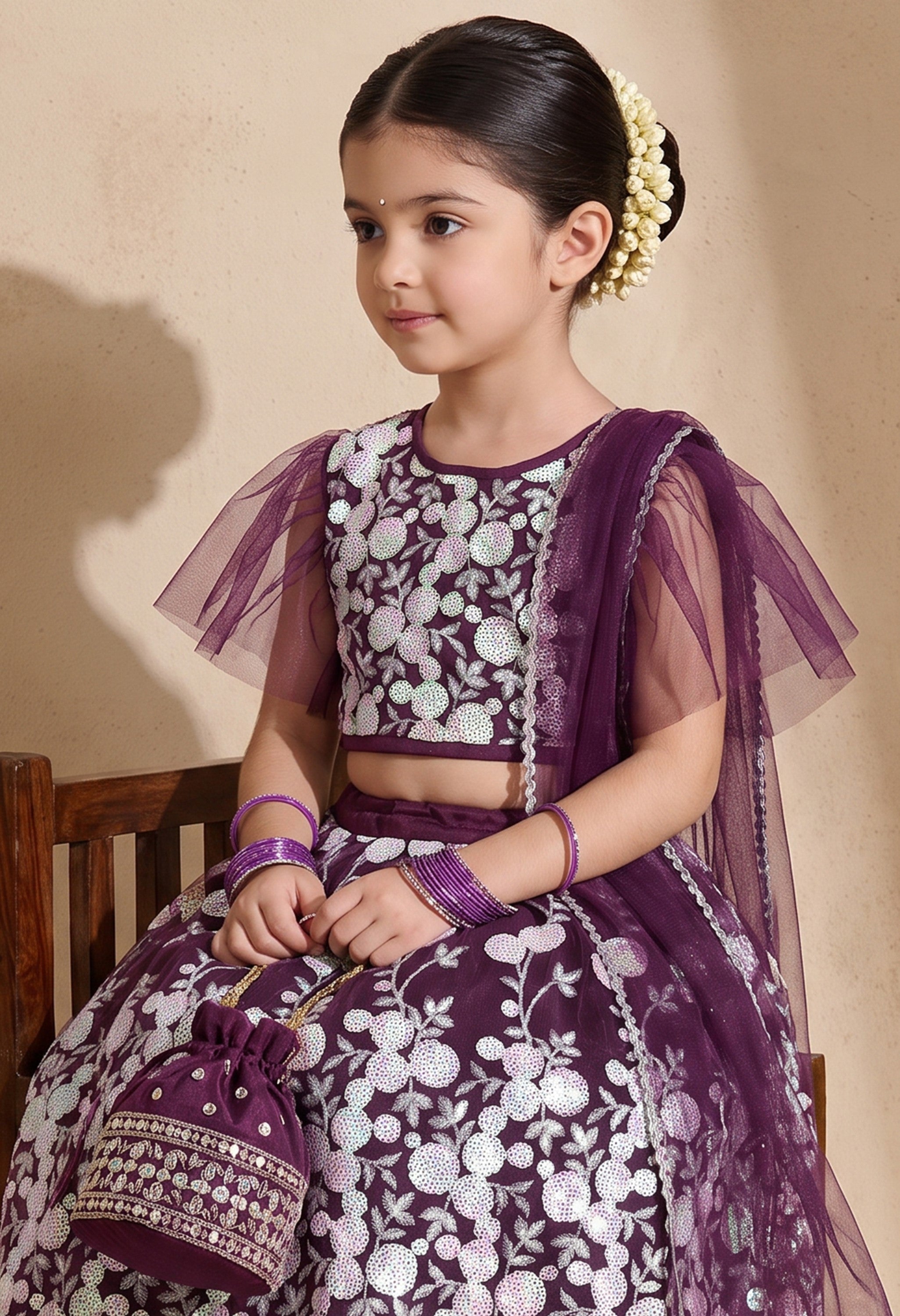 Bella Moda Girls Plum Purple Floral Embroidered Lehenga Set with Net Dupatta AUETH808AH