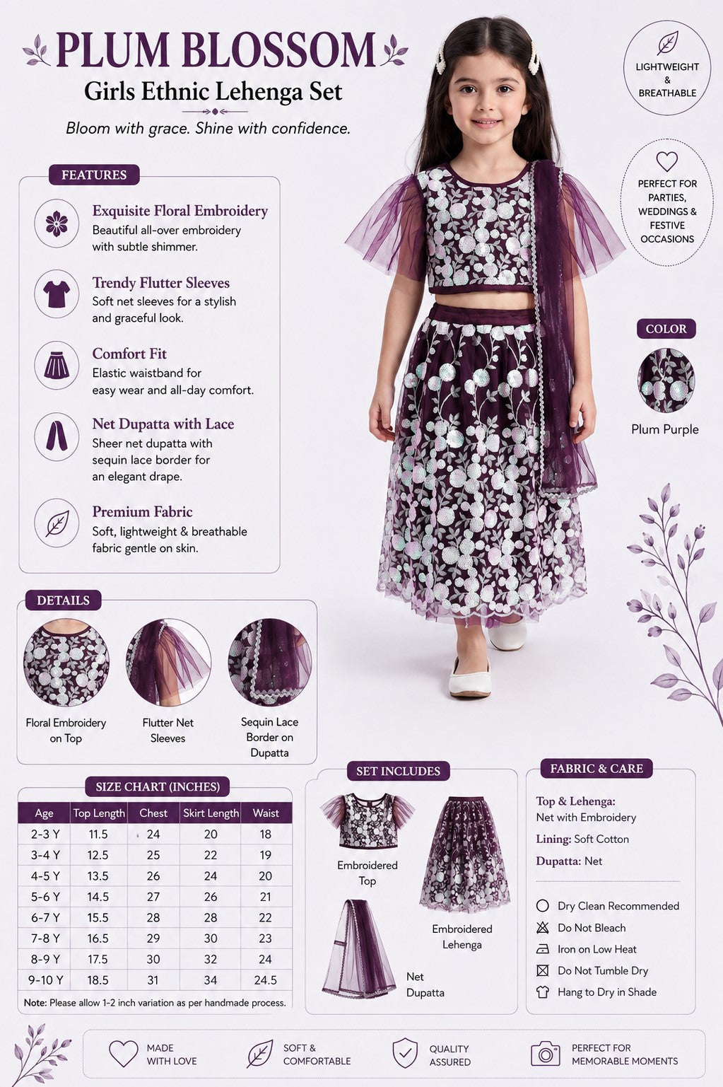Bella Moda Girls Plum Purple Floral Embroidered Lehenga Set with Net Dupatta AUETH808AH