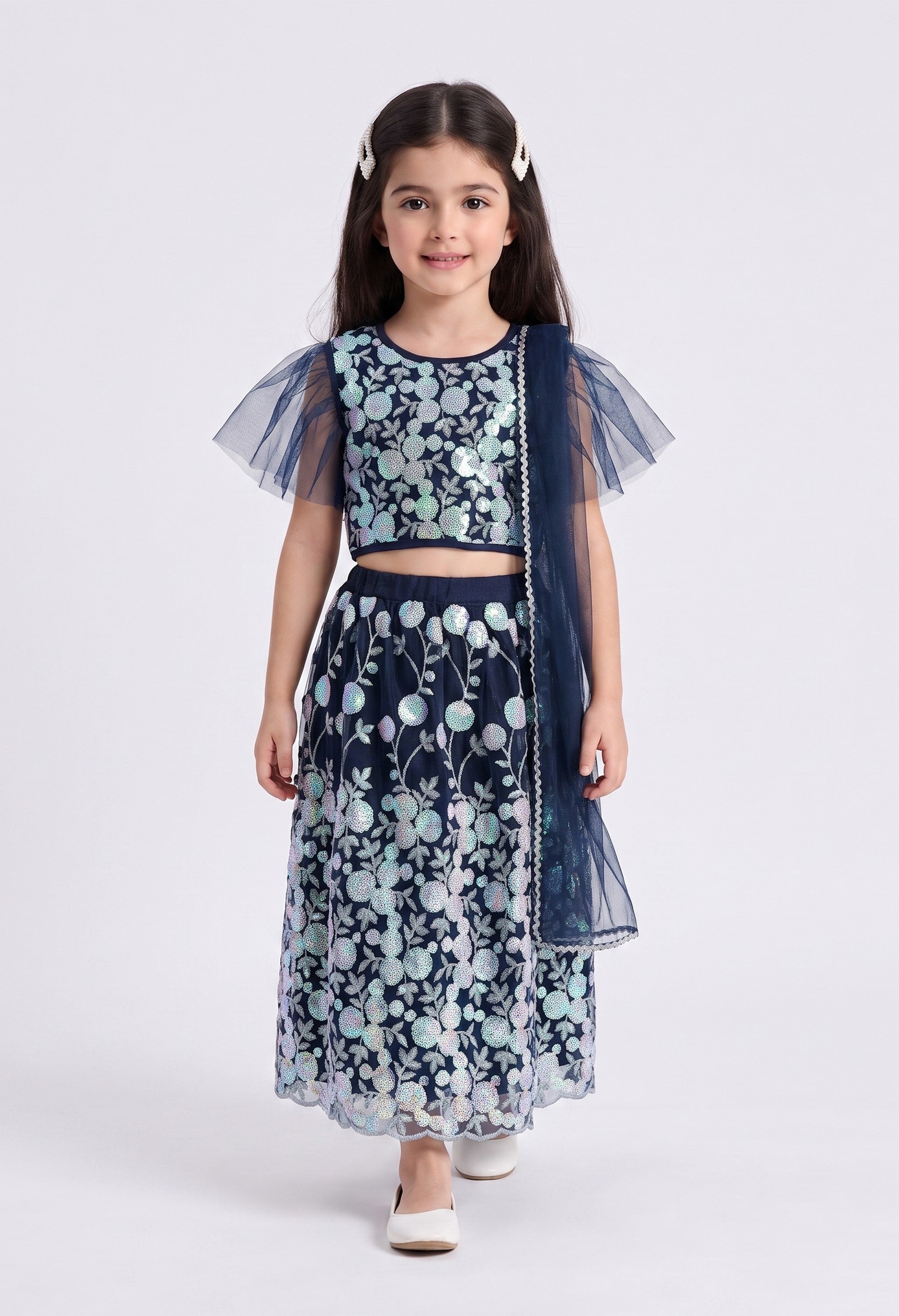 Bella Moda Girls Navy Blue Floral Sequin Embroidered Lehenga Set with Net Dupatta AUETH809AH