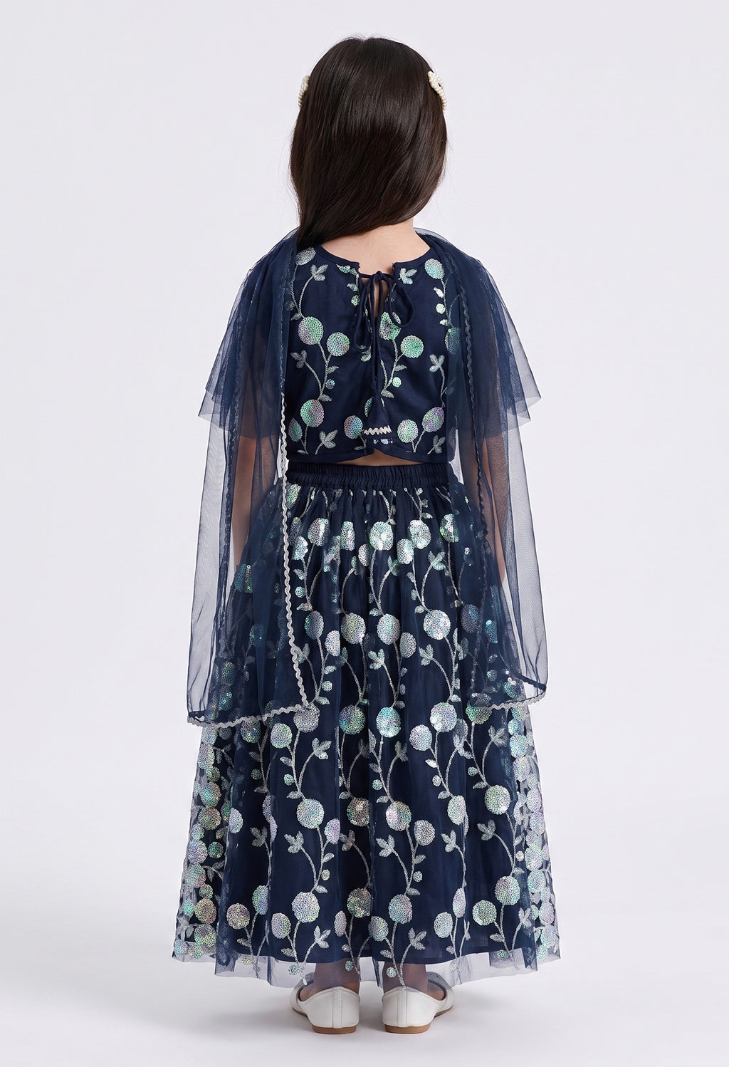 Bella Moda Girls Navy Blue Floral Sequin Embroidered Lehenga Set with Net Dupatta AUETH809AH
