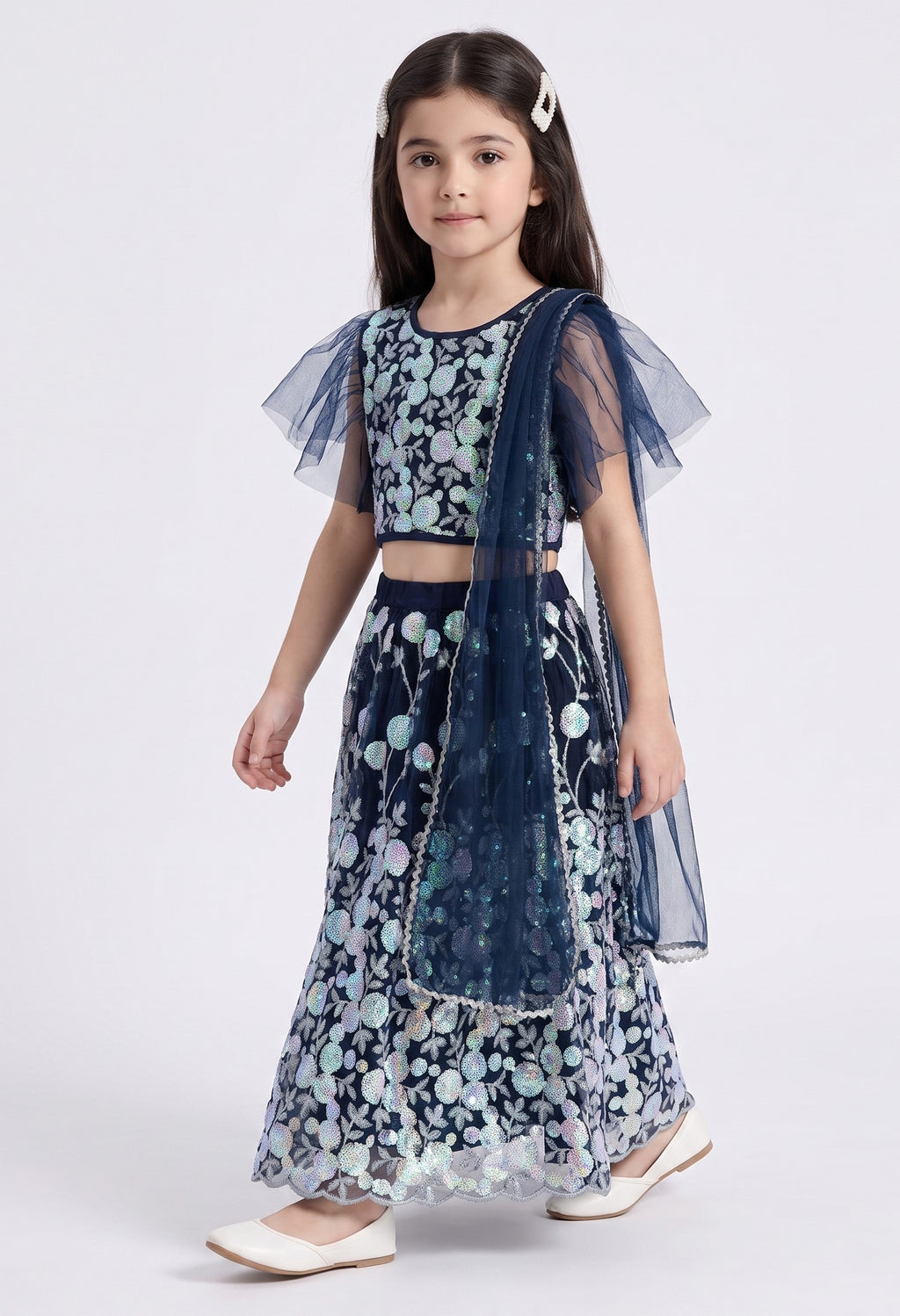 Bella Moda Girls Navy Blue Floral Sequin Embroidered Lehenga Set with Net Dupatta AUETH809AH