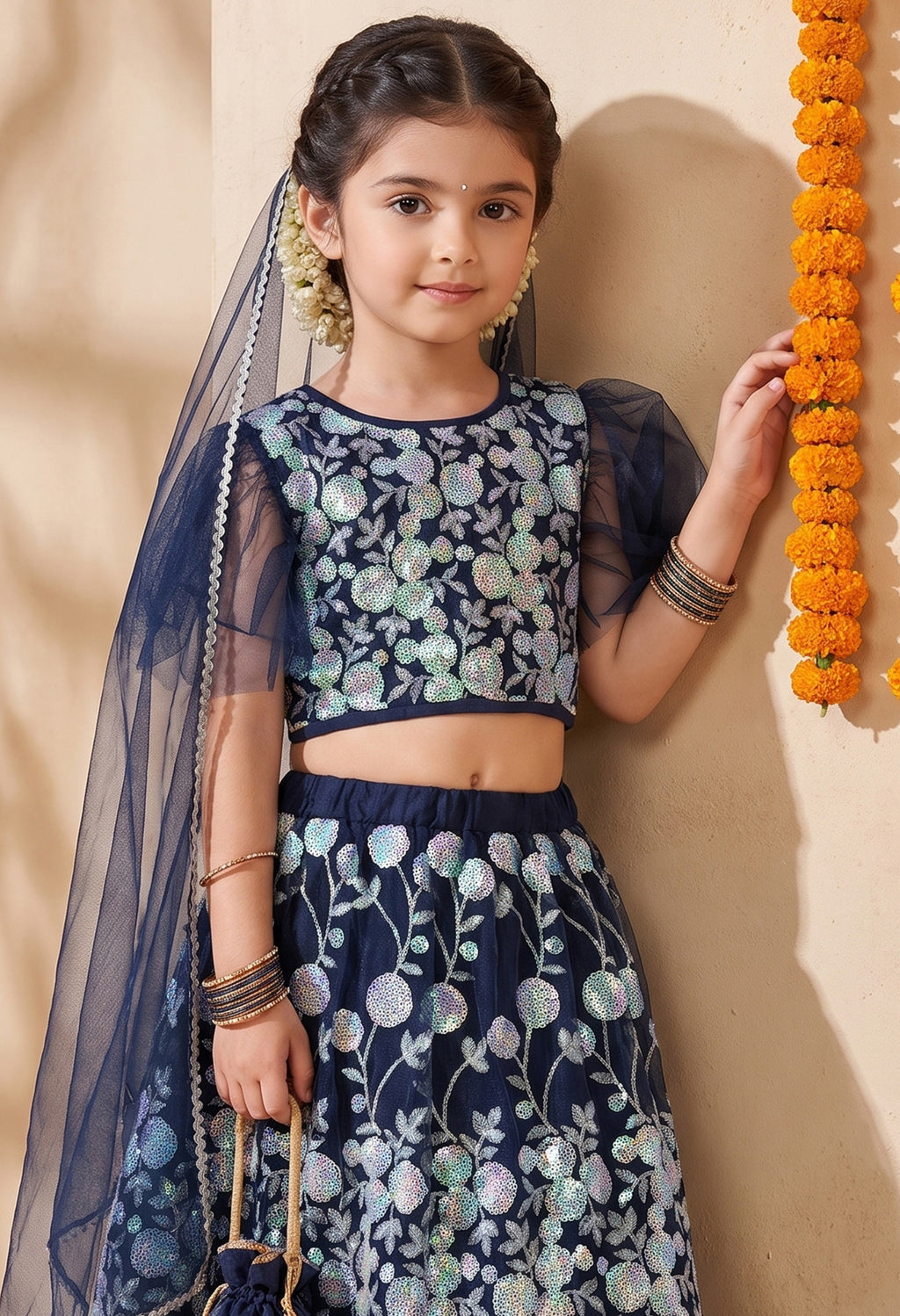 Bella Moda Girls Navy Blue Floral Sequin Embroidered Lehenga Set with Net Dupatta AUETH809AH