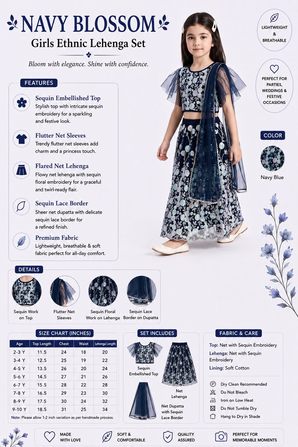 Bella Moda Girls Navy Blue Floral Sequin Embroidered Lehenga Set with Net Dupatta AUETH809AH