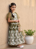 Bella Moda Girls Olive Green Floral Embroidered Lehenga Set with Net Dupatta AUETH810AH